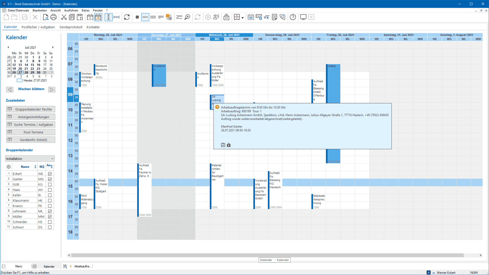 Streit Software - Kalender mit unterschiedlichen Farben der Termine und Status eines Auftrags.