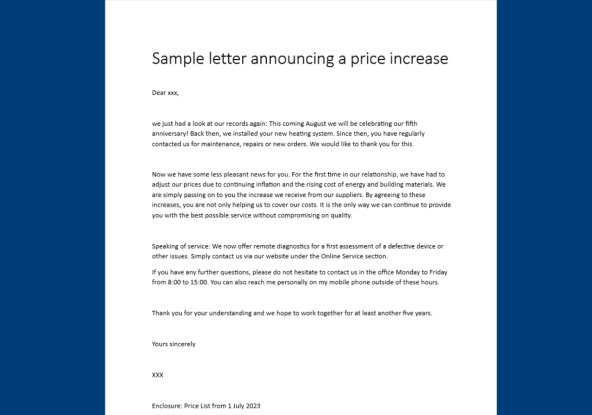 sample letter price increase